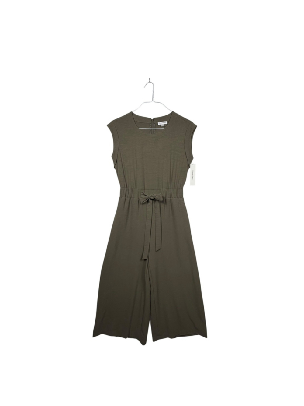 Calvin Klein Scuba Crepe Jumpsuit Olive Green Tie Waist Pocket Back Zip Womens 4 - Picture 1 of 7